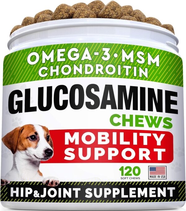 Glucosamine Treats for Dogs - Joint Supplement w/Omega-3 Fish Oil - Chondroitin, MSM - Advanced Mobility Chews - Joint Pain Relief - Hip & Joint Care - Chicken Flavor - 120 Ct - Made in USA