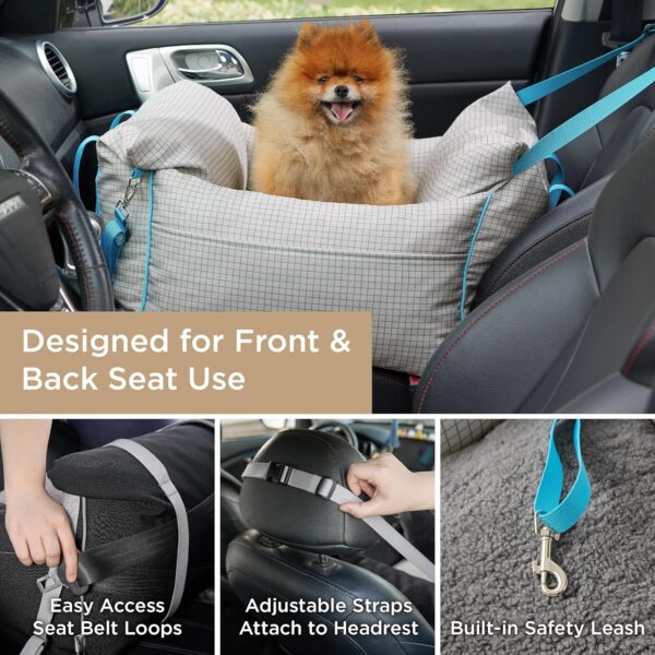 Lesure Small Dog Car Seat for Small Dogs - Waterproof Dog Booster Seat for Car with Storage Pockets and Clip-On Safety Leash and Thickened Memory Foam Filling, Pet Travel Carrier Bed Grey Grid - Image 2