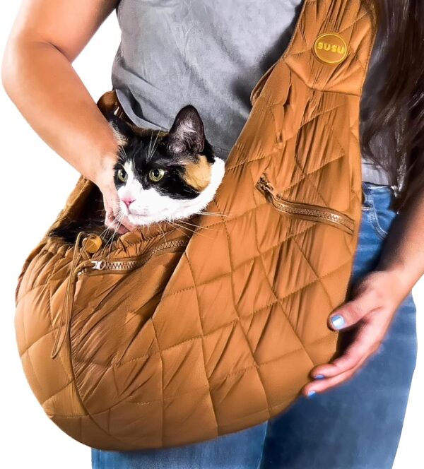 Pet Sling Carrier Bag for Cats and Small Dogs, Hands-Free, cat sling cat carrier soft, Fits upto 10lbs Adjustable Strap, safety belt and drawstrings. Storage Zipped Pockets (Camel Brown)