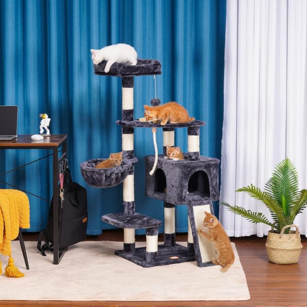 Heybly Cat Tree, Cat Tower for Indoor Cats with Scratching Board, Multi-Level Cat Furniture Condo with Feeding Bowl Smoky Gray HCT010G - Image 5