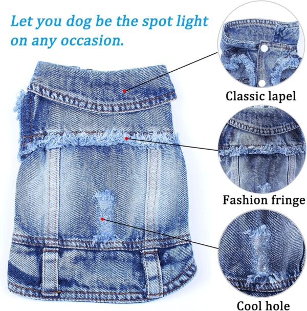 Dog Jean Jacket, Blue Denim Lapel Vest Coat T-Shirt Costume Cute Girl Boy Puppy Clothes, Comfort and Cool Apparel, for Small Medium Dogs Cats, Machine Washable Outfits (Small, Blue) - Image 3