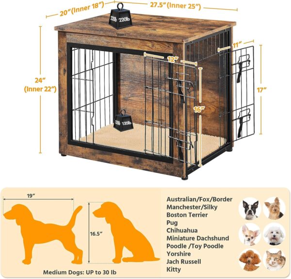 Yaheetech 27.5'' Dog Crate Furniture with Cushion Wooden Dog Crate with Double Doors/Adjustable Feet Side End Table for Small/Medium Dogs, 27.5" L x 20" W x 24" H - Image 3