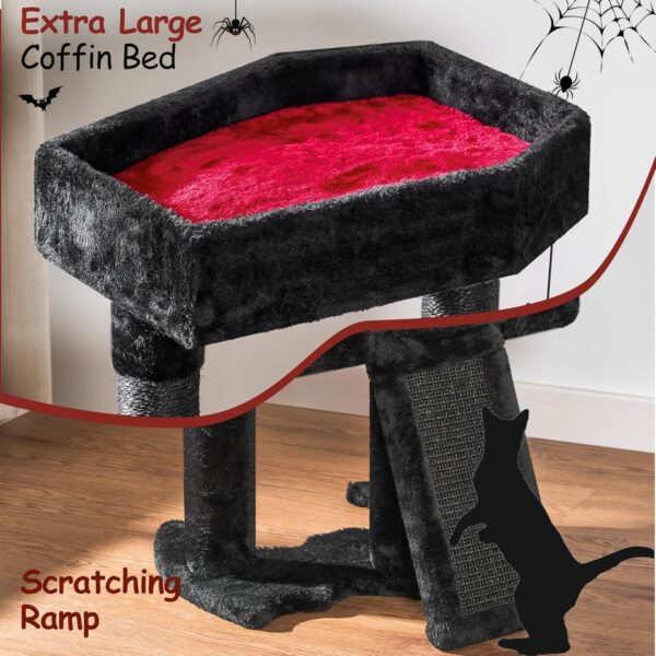 BEWISHOME Gothic Cat Tree with Coffin Cat Bed Goth Cat Tower Coffin Cat Tree with Spacious Cat Condo, Soft Cushion, Scratching Post, Spider Hanging Ball Halloween Black Red Pet Furniture MMJ95R - Image 4