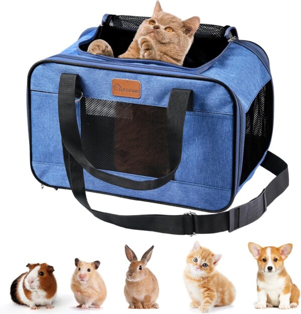 YITAHOME Cat Carrier Airline Approved, Soft-Sided Pet Carrier for Cats and Dogs Up to 16lbs, 5 Sides Breathable Collapsible Cat Travel Carrier with Bottom Protection and Washable Liner,17x11x11 Blue