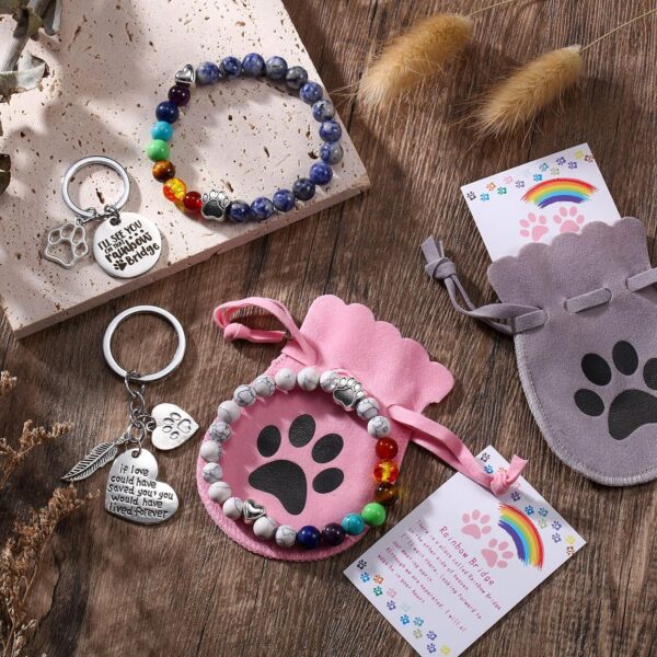 Jadive 9 Pieces Pet Memorial Gifts Set Rainbow Bridge Bracelet Pet Memorial Bracelet Dog Loss Keychain Rainbow Bridge Poem Card with Flannel Organza Bag for Women Men Kids Pet Lovers(Classic Style) - Image 6