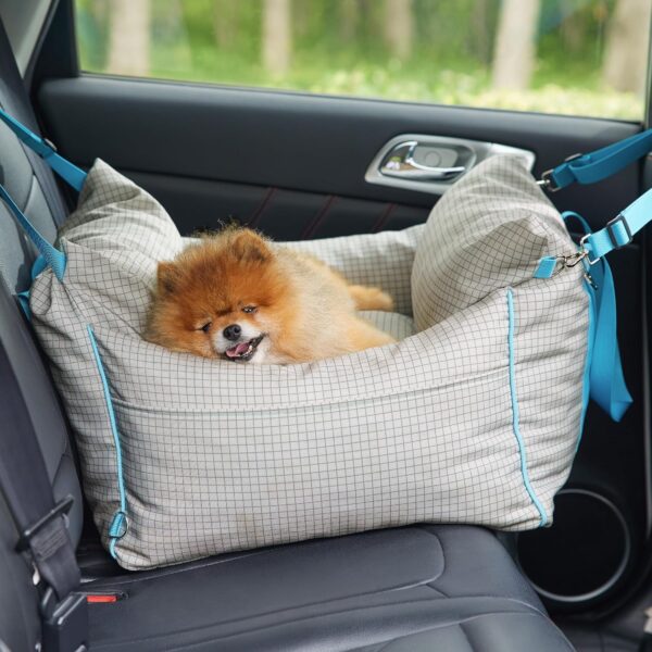 Lesure Small Dog Car Seat for Small Dogs - Waterproof Dog Booster Seat for Car with Storage Pockets and Clip-On Safety Leash and Thickened Memory Foam Filling, Pet Travel Carrier Bed Grey Grid - Image 7