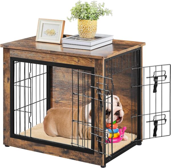 Yaheetech 27.5'' Dog Crate Furniture with Cushion Wooden Dog Crate with Double Doors/Adjustable Feet Side End Table for Small/Medium Dogs, 27.5" L x 20" W x 24" H