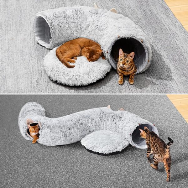 Cat Tunnel with Cat Bed for Indoor Cats, Soft Plush Peekaboo Cat Cave Donut Tunnel, Multifunctional Cat Playground Toys Hideplace for Small Medium Large Cats, Kittens, Rabbit, Ferret (Grey) - Image 2