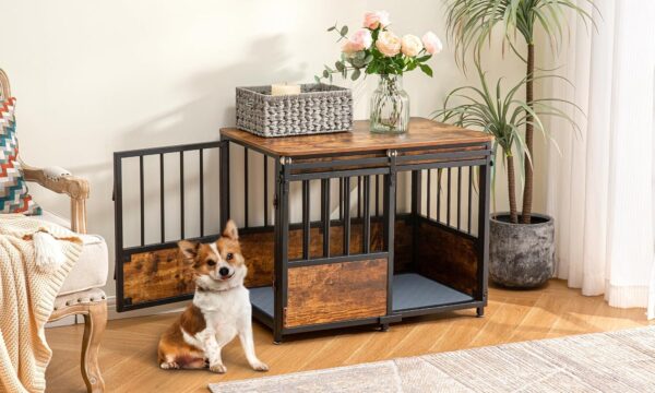 KOOPRO 32 Inch Dog Crate Furniture with Cushion for Large Medium Dogs, Wooden Heavy Duty Dog Kennel with Double Doors, Decorative Pet House Dog Cage Side End Table Indoor, Sliding Door Chew-Resistant - Image 3