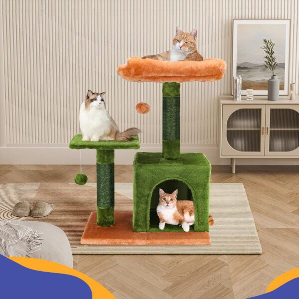 AGYM Cat Tree for Indoor Cats, 100% Sisal Cat Scratching Posts and Fluffy Balls, 26" Height Cat Tree Tower with Condo, Cozy Removable Top Bed Perch Cat Furniture, Green - Image 5