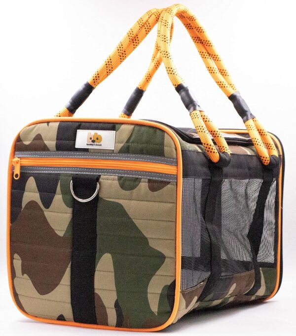 Buddy's Best Airline Approved Pet Carrier – Army Camo & Orange for Dog or Cat, Fits Under Seat, TSA Compliant, Ventilated Mesh Design w/Waterproof Base & Reflective Strips - Image 2