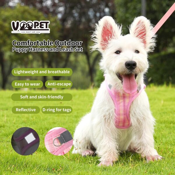 voopet Small Dog Harness and Leash Set Lightweight Cat Comfort Padded Soft Mesh Vest Step in dog harness No Pull No Choke Reflective Small Plaid Girl & Boy Puppy Kitty Harness, Pink M - Image 2