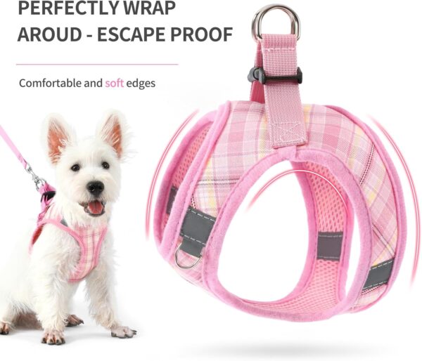 voopet Small Dog Harness and Leash Set Lightweight Cat Comfort Padded Soft Mesh Vest Step in dog harness No Pull No Choke Reflective Small Plaid Girl & Boy Puppy Kitty Harness, Pink M - Image 4