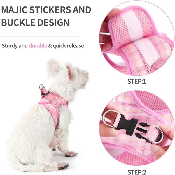 voopet Small Dog Harness and Leash Set Lightweight Cat Comfort Padded Soft Mesh Vest Step in dog harness No Pull No Choke Reflective Small Plaid Girl & Boy Puppy Kitty Harness, Pink M - Image 5