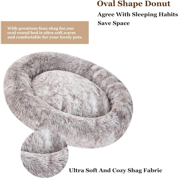 Coohom Oval Calming Donut Cuddler Dog Bed,Shag Faux Fur Cat Bed Washable Round Pillow Pet Bed(30"/36"/43") for Small Medium Dogs (L(30"x24"x8"),Light Brown) - Image 2