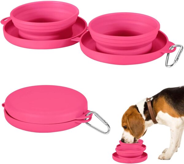 Collapsible Dog Water Bowl 2 in 1 Foldable Pet Food and Water Bowl Portable Cats Dishes with Carabiner Clip for Traveling Hiking Camping Walking (Pink)