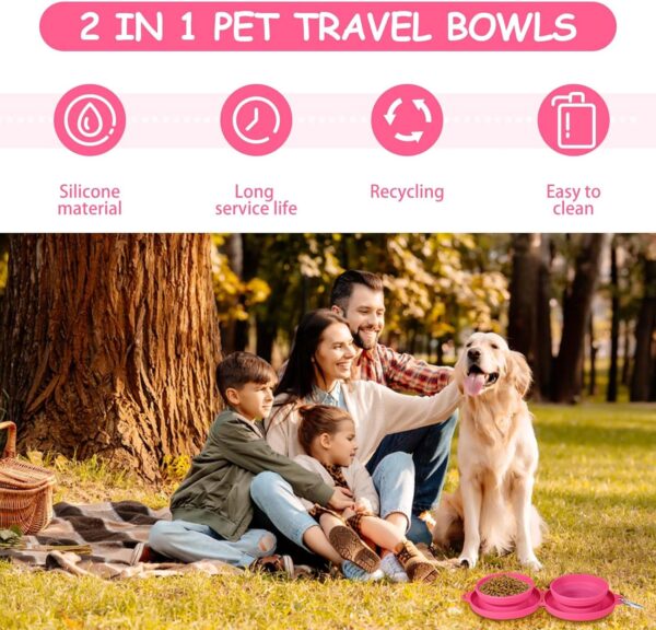 Collapsible Dog Water Bowl 2 in 1 Foldable Pet Food and Water Bowl Portable Cats Dishes with Carabiner Clip for Traveling Hiking Camping Walking (Pink) - Image 4