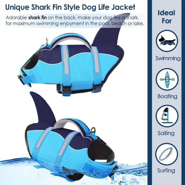 AOFITEE Dog Life Jacket, Dog Life Vest for Swimming, Shark Dog Life Vest with Rescue Handle and Reflective Stripe, Ripstop Dog Lifesaver Float Coat, Dog Swimming Vest for Small Medium Large Dogs Blue - Image 3