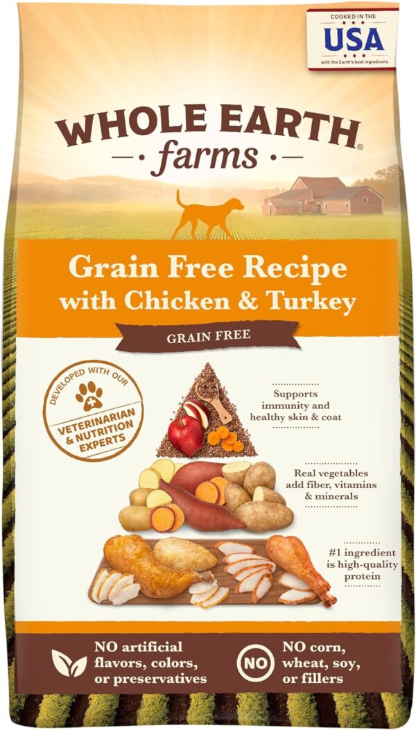 Whole Earth Farms Natural Grain Free Dry Kibble, Wholesome and Healthy Dog Food, Chicken and Turkey Recipe - 4 LB Bag