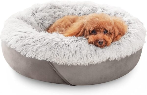 JOEJOY Calming Dog Bed for Small Dogs, Anti-Anxiety Puppy Cuddler Bed, Cozy Soft Round Fluffy Plush Pet Bed, Machine Washable and Anti-Slip Bottom (23", Grey)