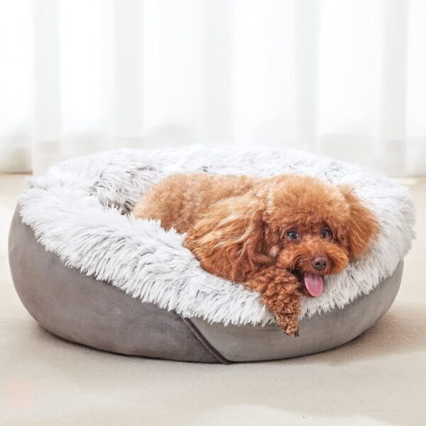 JOEJOY Calming Dog Bed for Small Dogs, Anti-Anxiety Puppy Cuddler Bed, Cozy Soft Round Fluffy Plush Pet Bed, Machine Washable and Anti-Slip Bottom (23", Grey) - Image 6