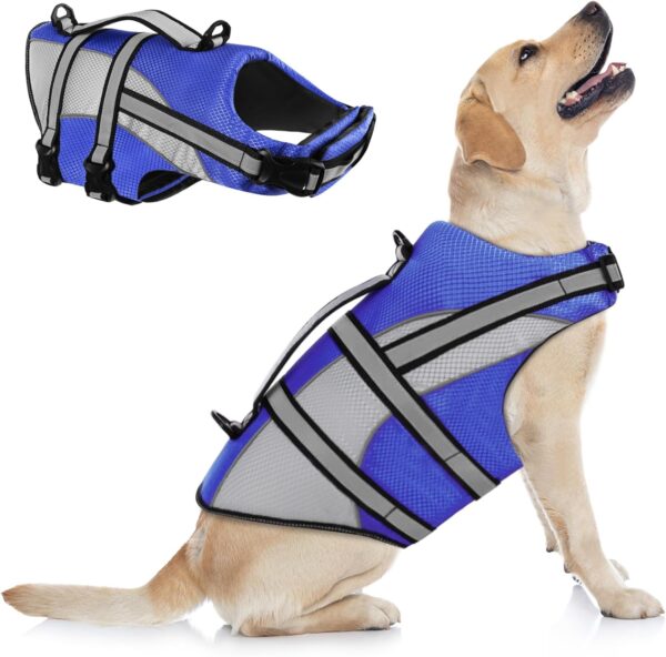 KOESON Ripstop Dog Life Jacket, Dog Life Vest with Superior Buoyancy Pet Swimming Safety Vest with Rescue Handle, Dog Float Coat Dog Life Preserver Lifesaver for Small Medium Large Dogs Blue XS