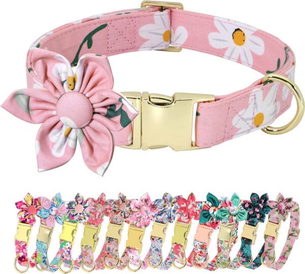 Beirui Cute Girl Dog Collars for Small Medium Large Dogs, Multiple Floral Patterns Female Pet Dog Collars with Flower for Wedding Holiday(M:Neck 13-22", Pink-5)