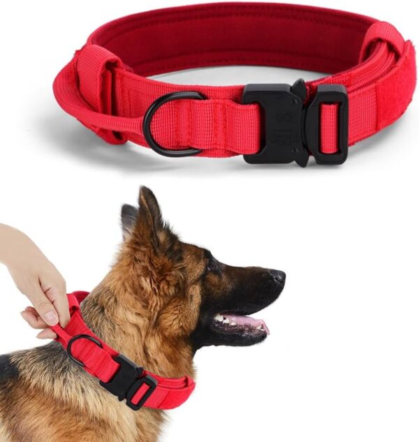 Tactical Dog Collar, Military Training Adjustable Nylon Dog Collar with Control Handle and Quick-Release Heavy Metal Buckle for Medium and Large Dogs (Red, L)