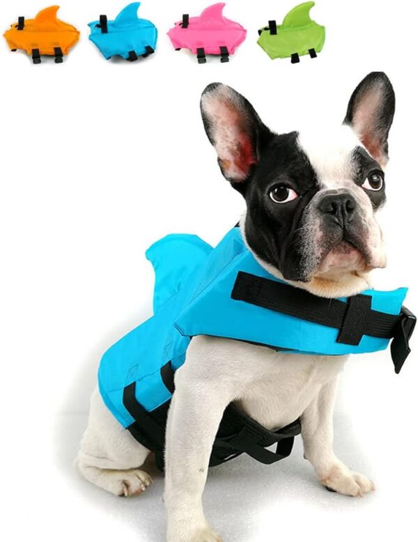 Dog Life Jacket- Preserver with Adjustable Belt, Pet Swimming Shark Jacket for Short Nose Dog,Upgrade Version (pug,Bulldog,Poodle,Bull Terrier) (M, Blue)