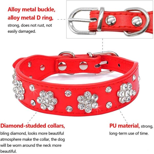 Rhinestone Dog Collar, Cute Flower Rhinestone Cat Dog Collar Bling Collar PU Leather Collar Adjustable Sizes XS Small Medium (M, Hot Pink) - Image 3