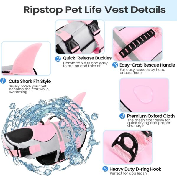 Dog Life Jacket, Large Dog Life Vest for Swimming Boating, Shark Life Jackets for Small Medium Large Dogs, Reflective Dog Lifesaver Life Preserver Swimsuit with Rescue Handle and High Buoyancy - Image 3