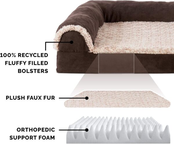 Furhaven Orthopedic Dog Bed for Medium/Small Dogs w/ Removable Bolsters & Washable Cover, For Dogs Up to 35 lbs - Two-Tone Plush Faux Fur & Suede L Shaped Chaise - Espresso, Medium,30"L x 20"W x 6"Th - Image 4