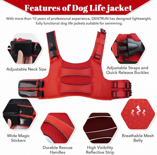 DENTRUN High Visibility Dog Life Jacket, Dog Life Vest for Swimming Boating Puppy Life Preserver Floatation Safety Pool Lake Reflective Float Coat Wetsuit & Rescue Handle for Large Dog, Red - Image 2