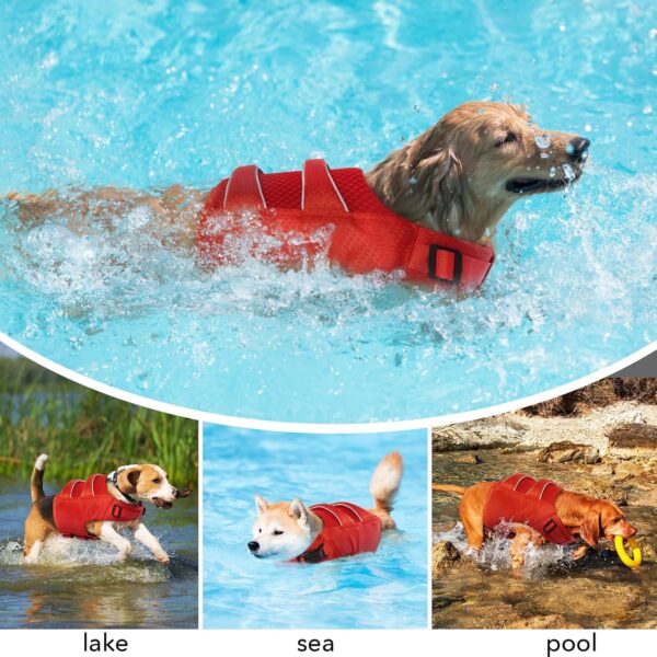 DENTRUN High Visibility Dog Life Jacket, Dog Life Vest for Swimming Boating Puppy Life Preserver Floatation Safety Pool Lake Reflective Float Coat Wetsuit & Rescue Handle for Large Dog, Red - Image 8