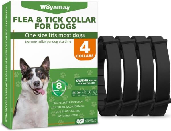 4 Pack Flea Collar for Dogs, Natural Flea and Tick Collar for Dogs, 8-Month Flea and Tick Prevention for Dogs, Dog Flea & Tick Control, Water Resistant Dog Flea Collar for Dogs, Black