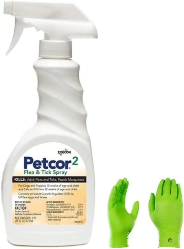 Petcor Pet Flea & Tick Spray - Easy-use Spray - Kill Ticks, lice, Fleas, and Mosquitoes on Dogs, Cats, Puppies, and Kittens | USA Supply Gloves | USA Supply Pest Identification Card