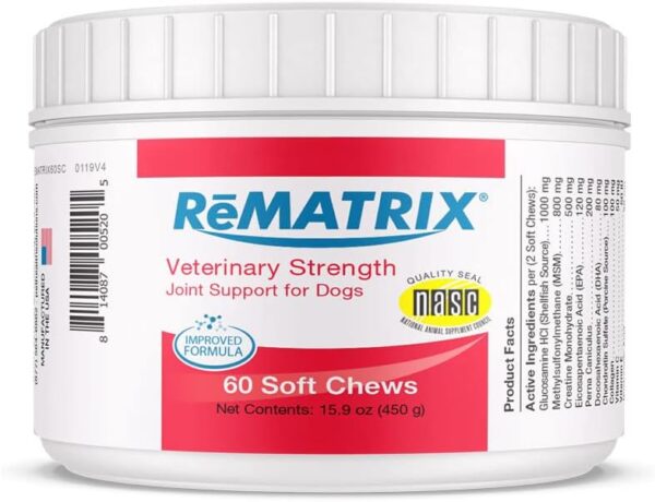 ReMATRIX Joint Support Supplement for Dogs - Glucosamine, Chondroitin, MSM, Omega-3 - Hip and Joint Pain Relief and Support for Dogs - Made in USA - 60 Soft Chews