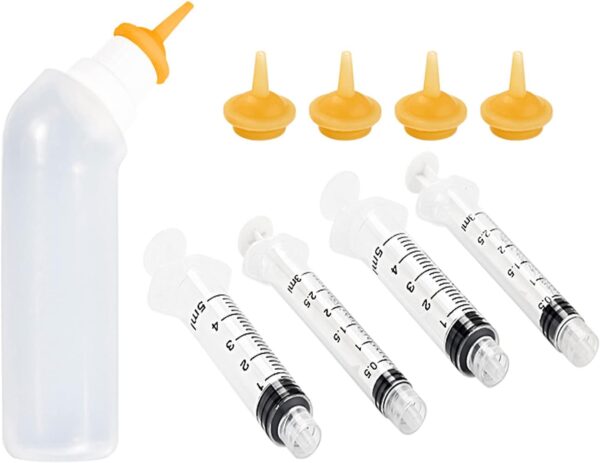 Pet Feeding Silicone Nipple with Curved Bottle and Syringes for Puppy Dog Cat or Other Pets (Flesh Color)