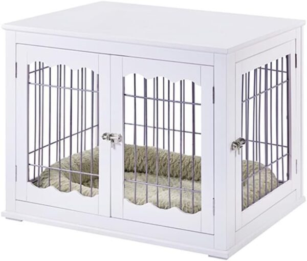 unipaws Furniture Style White Dog Crate for Medium Dogs, Indoor Aesthetic Puppy Kennel, Modern Decorative Wood Wire Pet House Dog Cage, Pretty Cute End Side Table Nightstand…