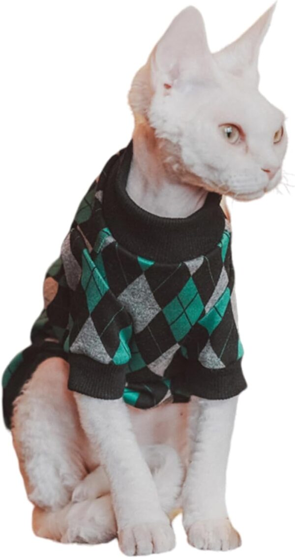 Vintage Mulan Cotton Sphynx Hairless Cats Shirt Cat Turtleneck Pet Clothes Kitten T-Shirts with Sleeves for Sphynx Cornish Rex, Devon Rex, Peterbald (Medium, Rhombus)