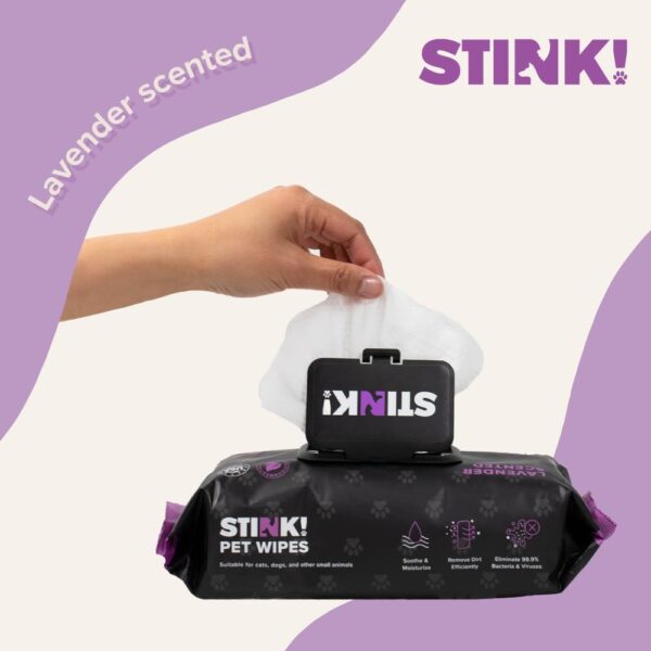 Stink! Plant Based Pet Wipes - Biodegradable - Dirt and Odor Control - Grooming Wipes for Easy Cleaning on Paws Body and Bum - Lavender Scented - 8" x 8" - 400 Count - Image 5