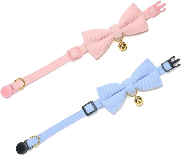 2 Pack Soft Corduroy Cat Collars with Bow Tie & Bell, Adjustable Breakaway Cotton Kitty Bowtie Collar for Girl Boy Kitten (Pink & Blue) - Image 7