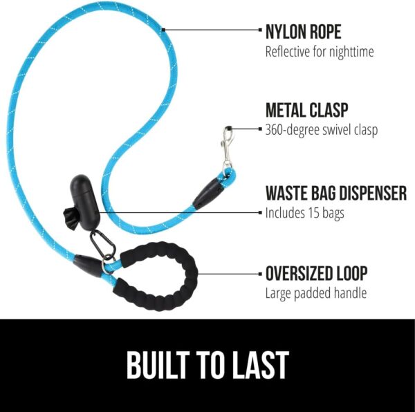 Gorilla Grip Heavy Duty Dog Leash, Soft Handle, Strong Reflective Rope for Night Pet Walking, Small Medium Large Animals, Durable Puppy Training Leashes, Rotating Metal Clip, Waste Bag Dispenser, Blue - Image 2