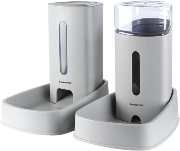 2PCS Cat Dog Feeder and Waterer Self-Dispensing Gray 3.8L Pets Automatic Feeder and Waterer Dispensing Set 12.8in x 7.87in x 12.2in Feeder and Water Bowl for Small Medium Pets