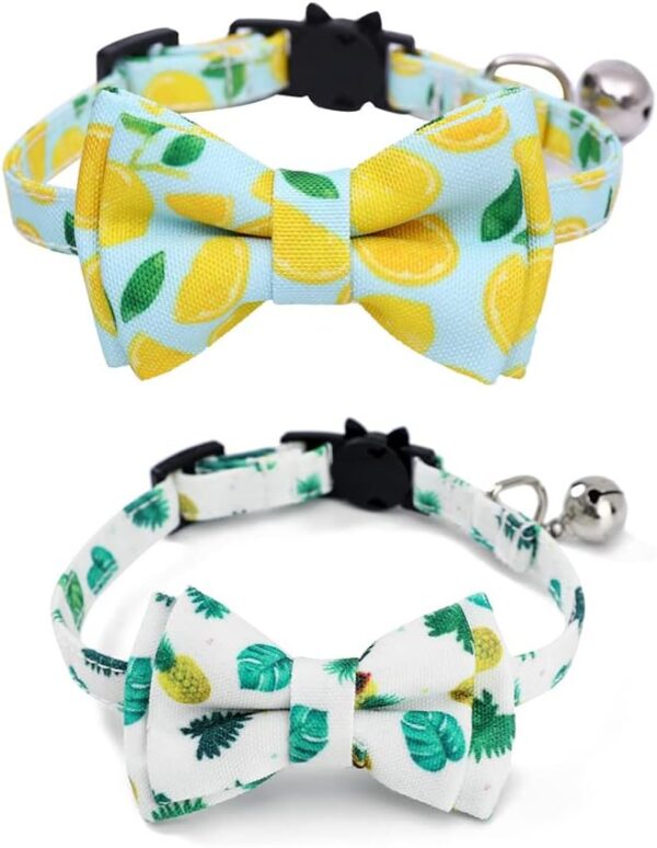 2-Pack Breakaway Cat Collars with Removable Double-Layer Bow Tie and Bell for Boy and Girl Cats,Safety Kitten Collars Suitable for Festivals and Daily. (Lemon&Pineapple)