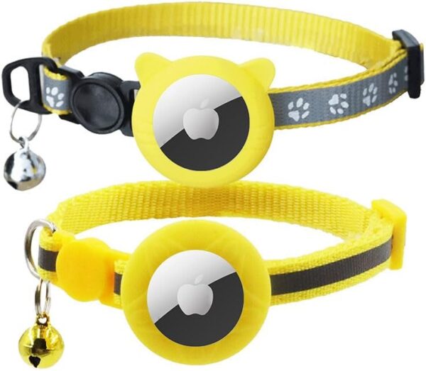 2 Pack Cat Collar Airtag Holder with Bells, Kitten Collar with Apple Airtag Holder for Cats,Adjustable Reflective Cat Collar with Breakaway Buckle for Girl Boy Cats。 (Yellow)