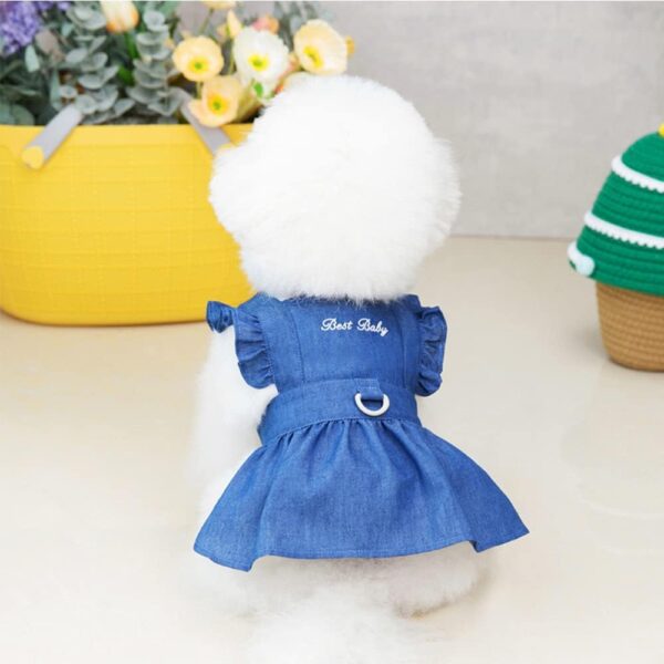 ANIAC Dog Denim Dresses for Small Medium Dogs Puppy Girl Clothes with Leash Ring Summer Cat Apparel with D-Ring Pet Dog Walking Harness Dress(Blue-2, Small) - Image 2