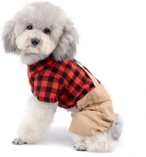 SMALLLEE_LUCKY_STORE Pet Clothes for Small Dog Cat Red Plaid Shirts Sweater with Khaki Overalls Pants Jumpsuit Outfits S - Image 4