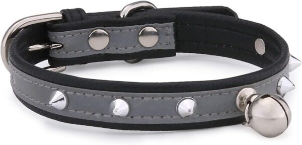 Cat Collar with Bell - Reflective and Adjustable PU Leather Rivets Studded Sturdy Metal Buckle for Kitten Small Pets Puppy - Black