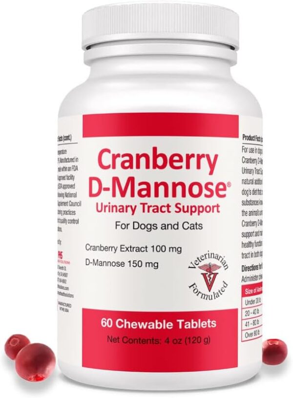 Cranberry D-Mannose Urinary Tract Support - Bladder Health Supplement for Dogs and Cats - 60 Tablets